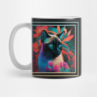 Sneezy Siamese Cat Vibrant Tropical Flower Digital Oil Painting Portrait Mug